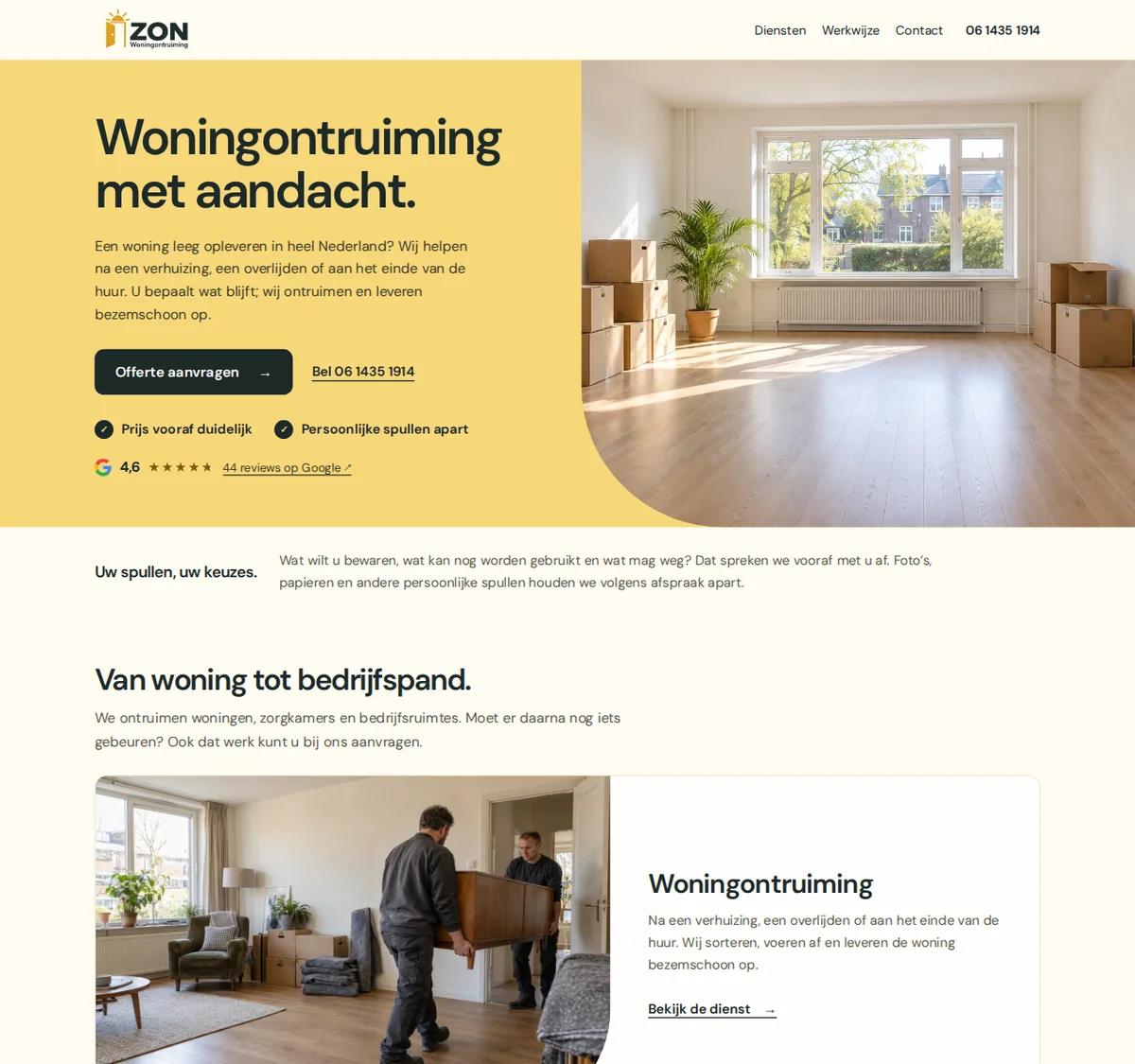 De website van Zon Woningontruiming, met een gele introductie en een lichte woonkamer